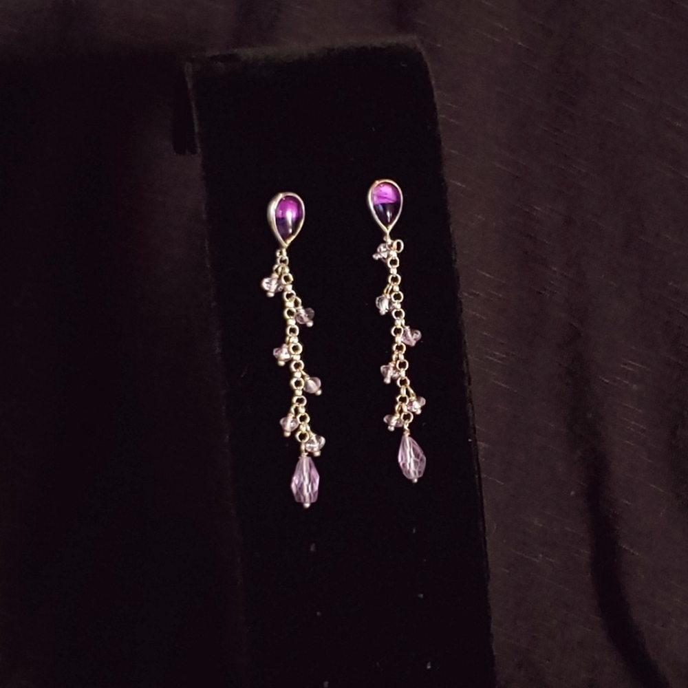 Purple and Silver Dangling Earrings Stone Glass